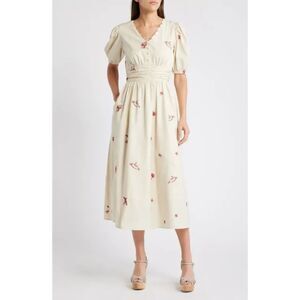 Ciebon Embroidered Puff Sleeve Midi Dress – Cream, Size M